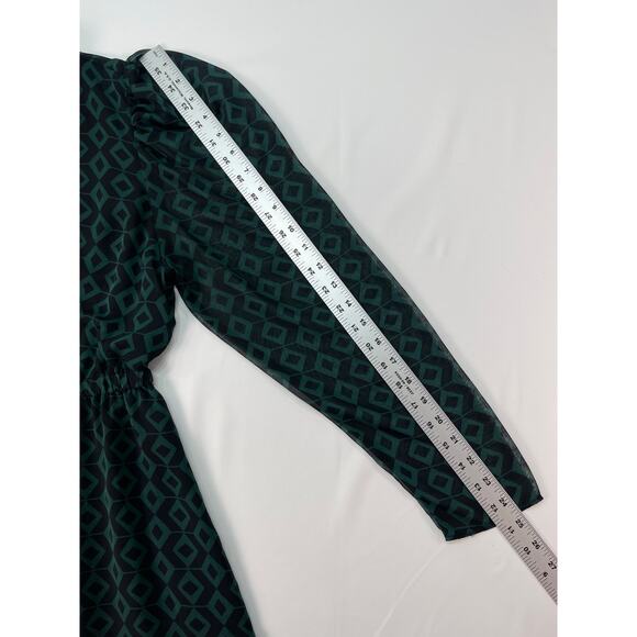 ZARA Long Sleeve Geo Print Mini Dress Green/Black Puff Shoulder Ruffle Hem Sz M - Picture 9 of 9